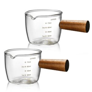 single spout espresso coffee shot glass with wood handle measuring cup triple pitcher milk cup coffee replacement carafe for barista milk espresso making, 75 ml (2 pieces)