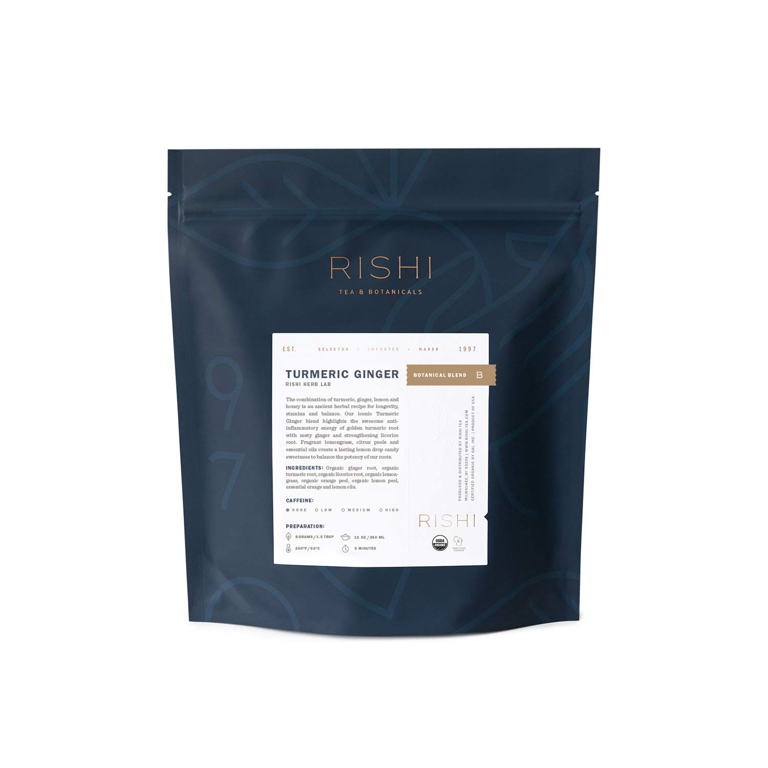 Rishi Tea Turmeric Ginger Herbal Tea - USDA Organic Direct Trade Loose Leaf Tea, Certified Kosher, Caffeine Free Ayurvedic Tea Blend, Immune Support with Citrus for Taste - 16 Ounces (Pack of 1)