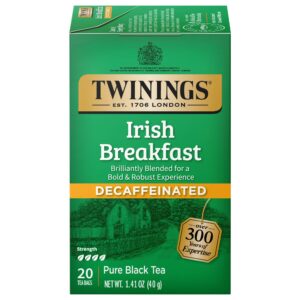 twinings irish breakfast tea, decaf tea bags, strong and distinctive black decaffeinated tea, 20 individually wrapped tea bags