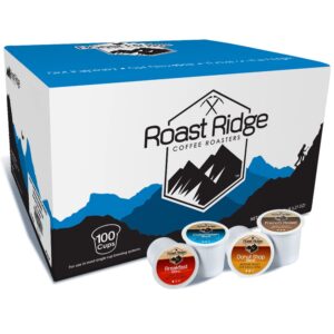 roast ridge single serve coffee pods for keurig k-cup brewers, variety pack, light roast, medium roast, dark roast, 100 count (25 each: breakfast blend, donut shop, french roast, colombian)