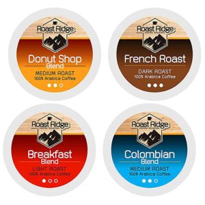 Roast Ridge Single Serve Coffee Pods for Keurig K-Cup Brewers, Variety Pack, Light Roast, Medium Roast, Dark Roast, 100 Count (25 each: Breakfast Blend, Donut Shop, French Roast, Colombian)