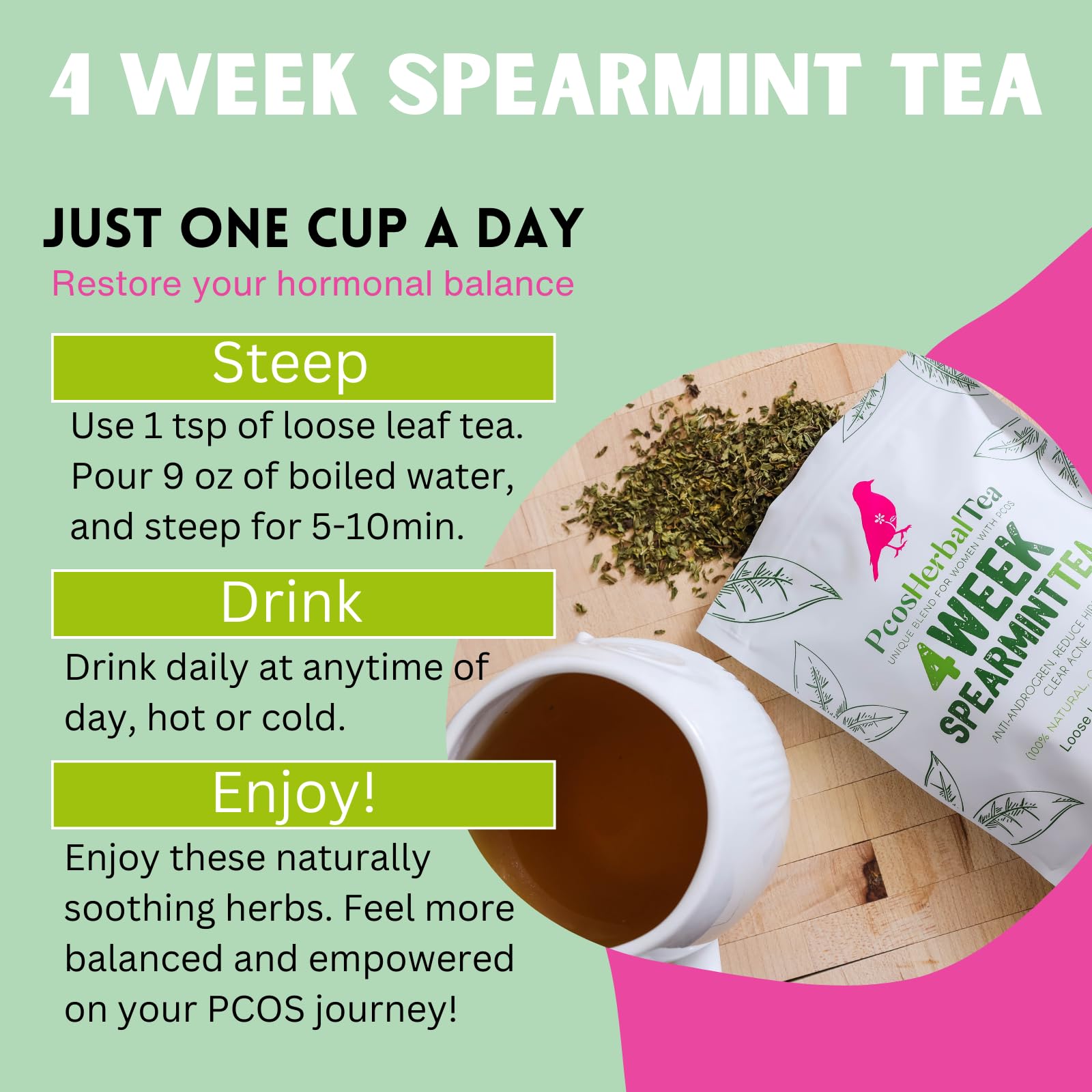 PCOS Spearmint Organic Tea helps hormone balance, reduce unwanted hair, clear acne, healthy skin (1pack)