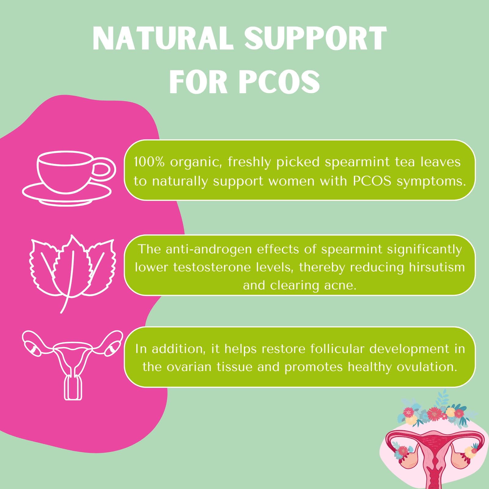 PCOS Spearmint Organic Tea helps hormone balance, reduce unwanted hair, clear acne, healthy skin (1pack)