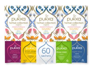 pukka tea variety pack, organic herbal tea bags, five flavors; elderberry & echinacea, lemon, ginger & manuka honey, night time, three mint and detox, (pack of 3), 60 tea bags