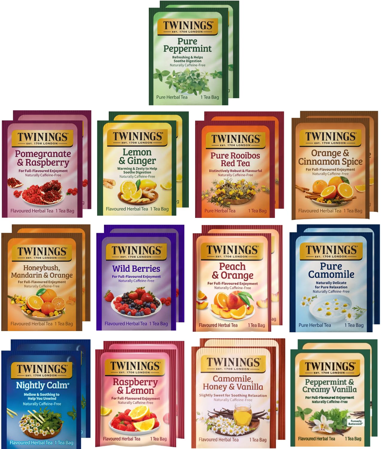 Twinings Herbal Tea Variety Pack - Decaf Tea Sampler - 26 Individually Wrapped Herbal Tea Bags, Pure Peppermint, Camomile, Rooibos Red, Honeybush Mandarin Orange, Plus 9 More Flavors