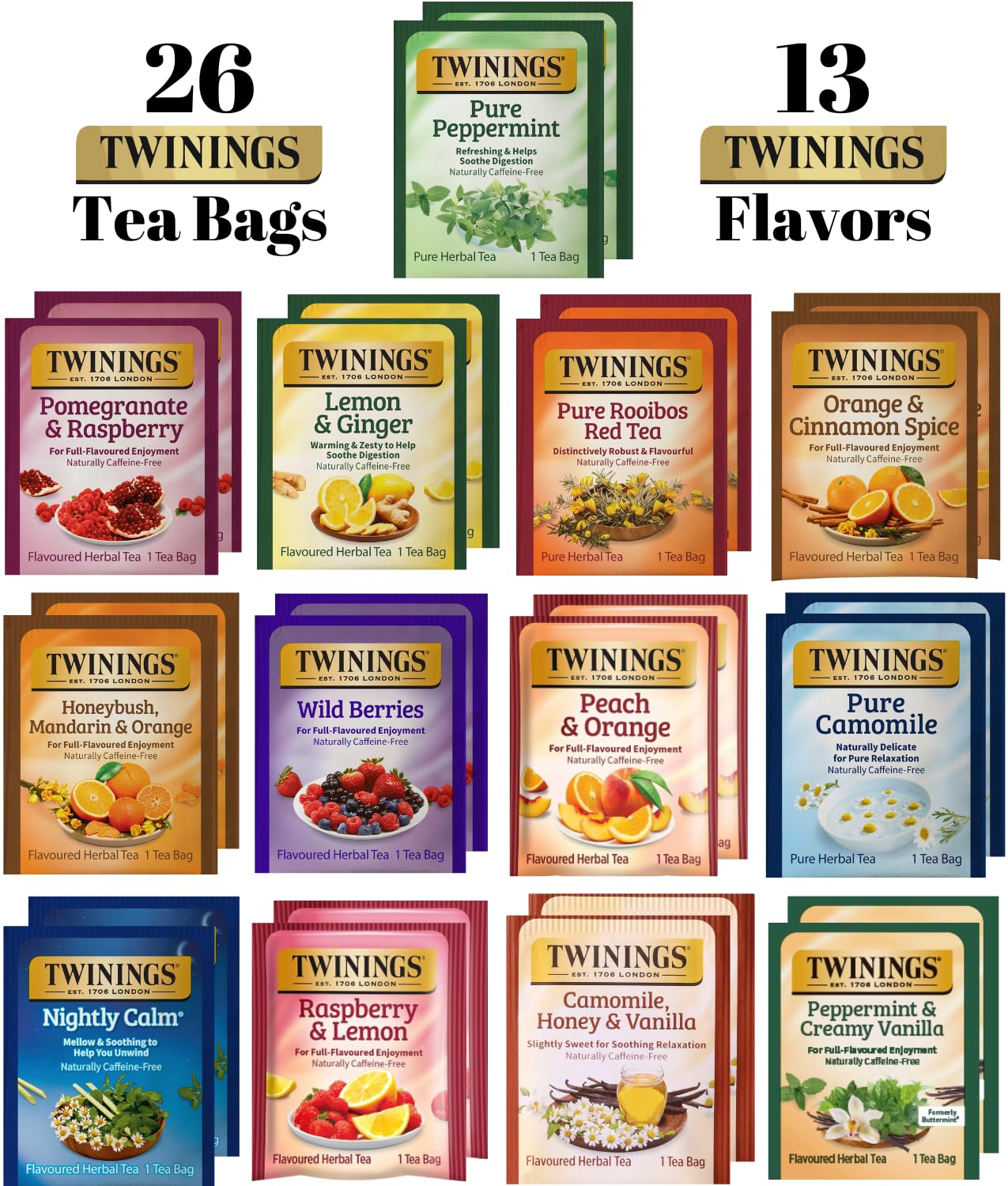 Twinings Herbal Tea Variety Pack - Decaf Tea Sampler - 26 Individually Wrapped Herbal Tea Bags, Pure Peppermint, Camomile, Rooibos Red, Honeybush Mandarin Orange, Plus 9 More Flavors