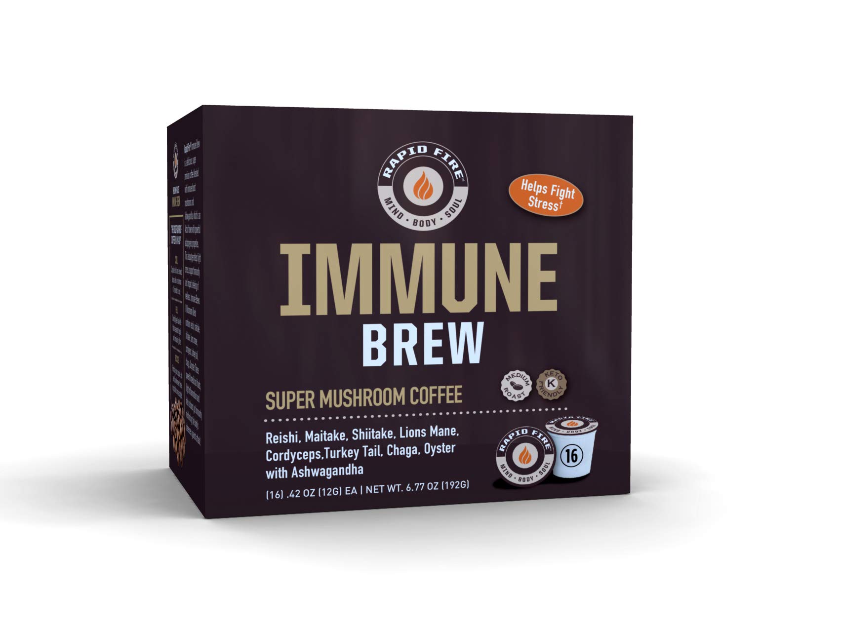 Rapidfire Immune Premium Brew Coffee, Super Mushroom Coffee, Supports Immune System, Promotes Rest And Relaxation, Rich In Antioxidants, 8 Mushroom Blend And Ashwagandha, 16 K-Cup Servings