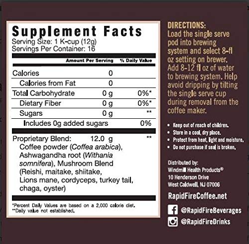 Rapidfire Immune Premium Brew Coffee, Super Mushroom Coffee, Supports Immune System, Promotes Rest And Relaxation, Rich In Antioxidants, 8 Mushroom Blend And Ashwagandha, 16 K-Cup Servings