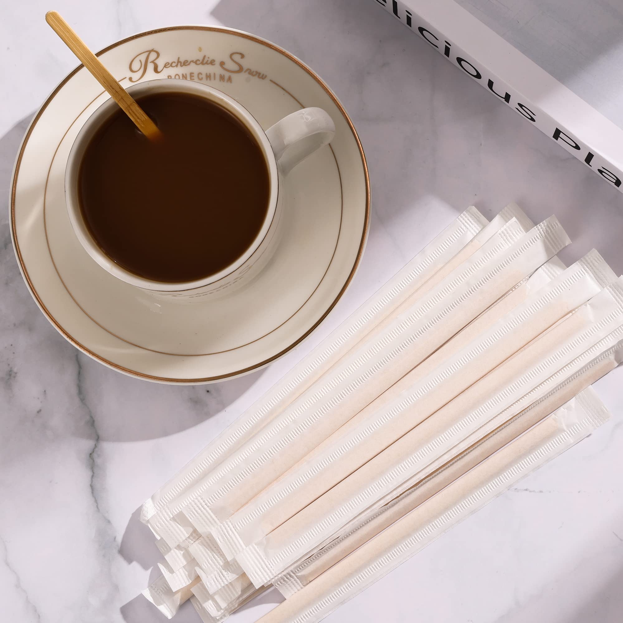 100pcs Bamboo Coffee Stirrers Individually Wrapped, 5.5 Inch Disposable Wood Swizzle Stick Beverage Mixer, Eco Friendly Long Wood Stir Sticks for Mixing Cocktail Hot Chocolate Drinking Tea