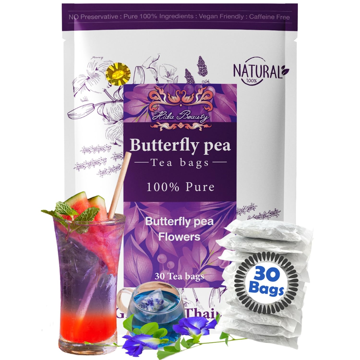 Hida Beauty Dried Butterfly pea flower tea 30 Tea bags Herbal Blue Natural Pure colors for drinks hot cool purple violet funness party food bakery pasta cocktail rice