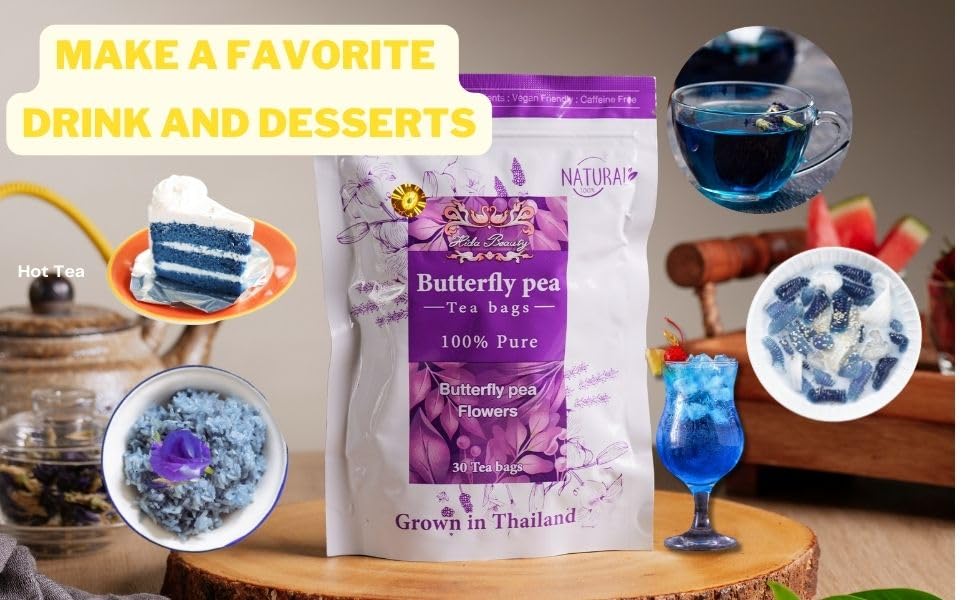 Hida Beauty Dried Butterfly pea flower tea 30 Tea bags Herbal Blue Natural Pure colors for drinks hot cool purple violet funness party food bakery pasta cocktail rice