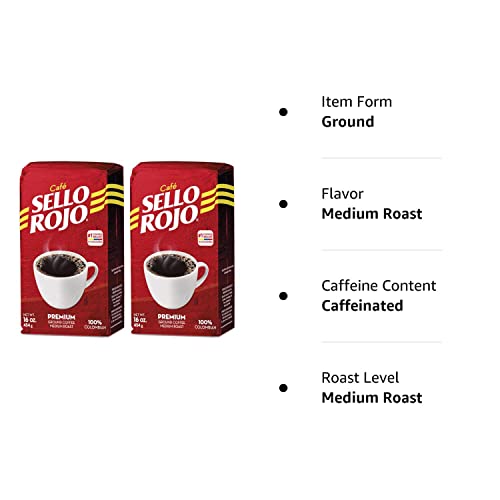 Café Sello Rojo Premium Colombian Coffee | Smooth & Flavorful | No Bitter Aftertaste | 100% Colombian Medium Roast Ground Coffee | Café de Colombia | 16 Ounce (Pack of 2)