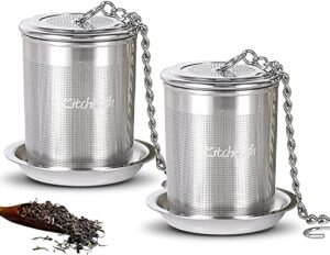 k kitcherish 2 pack tea infuser, tea strainer for loose leaf tea & cooking infuser of extra fine mesh, 18/8 stainless steel tea ball strainer with extended chain hook, fits all the tapots and mugs