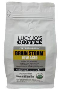lucy jo's coffee, organic brainstorm, medium dark roast, low acid, ground 11 oz