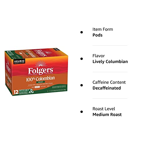 Folgers Colombian Decaf Medium Roast Coffee, 12 Keurig K-Cup Pods