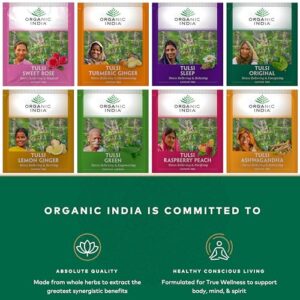 Organic India Top Eight Tulsi Herbal Teas - Holy Basil, Ashwagandha, Green, Original, Sleep, Sweet Rose, Turmeric Ginger, Lemon Ginger, Raspberry Peach - Vegan, Organic - 6 Bags Each (48 Total)