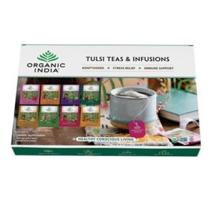 Organic India Top Eight Tulsi Herbal Teas - Holy Basil, Ashwagandha, Green, Original, Sleep, Sweet Rose, Turmeric Ginger, Lemon Ginger, Raspberry Peach - Vegan, Organic - 6 Bags Each (48 Total)