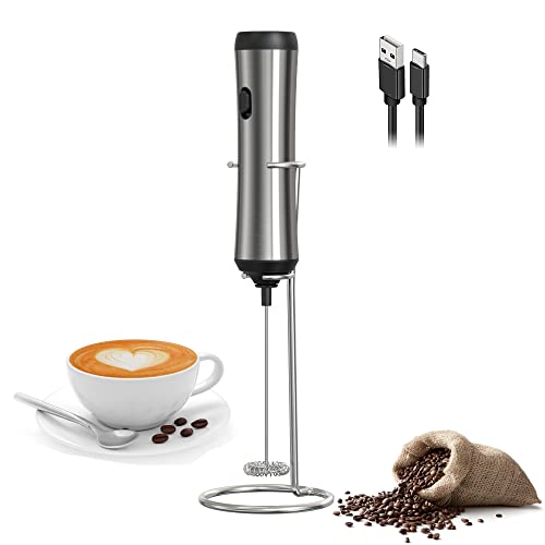 Frother Handheld, Electric Milk Frother, USB C Rechargeable Milk Frother, Mini Frother with Stand, Kitchen Gift Hand Frother for Coffee Cappuccino, Frappe, Matcha, Hot Chocolate-Stainless Steel Silver