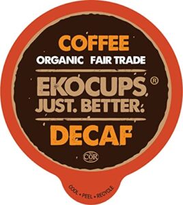 ekocups organic swiss water decaf medium roast coffee pods, 30% more coffee per cup, fair trade decaffeinated coffee for keurig k cup machines, recyclable pods, 40 count