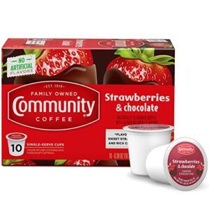 community coffee strawberries & chocolate flavored 10 count coffee pods, medium roast compatible with keurig 2.0 k-cup brewers, 10 count (pack of 1)