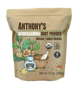 anthony's organic ashwagandha powder, 12 oz, batch tested gluten free, indian ginseng, non gmo, keto friendly