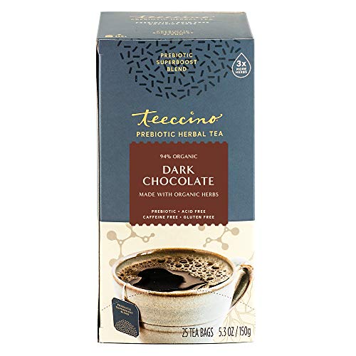 Teeccino Dark Chocolate Prebiotic Superboost™ Herbal Tea - Support Your Probiotics with Vegan GOS & Organic XOS for Good Gut Health and Regularity, 25 Tea Bags (Pack of 1)