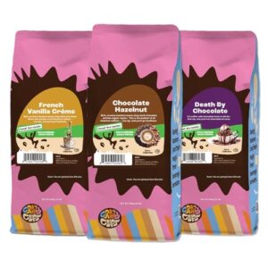 crazy cups decaf flavored ground coffee variety pack, includes chocolate hazelnut, french vanilla and death by chocolate, in 10 oz bags, for brewing flavored hot or iced decaf coffee, variety 3 pack