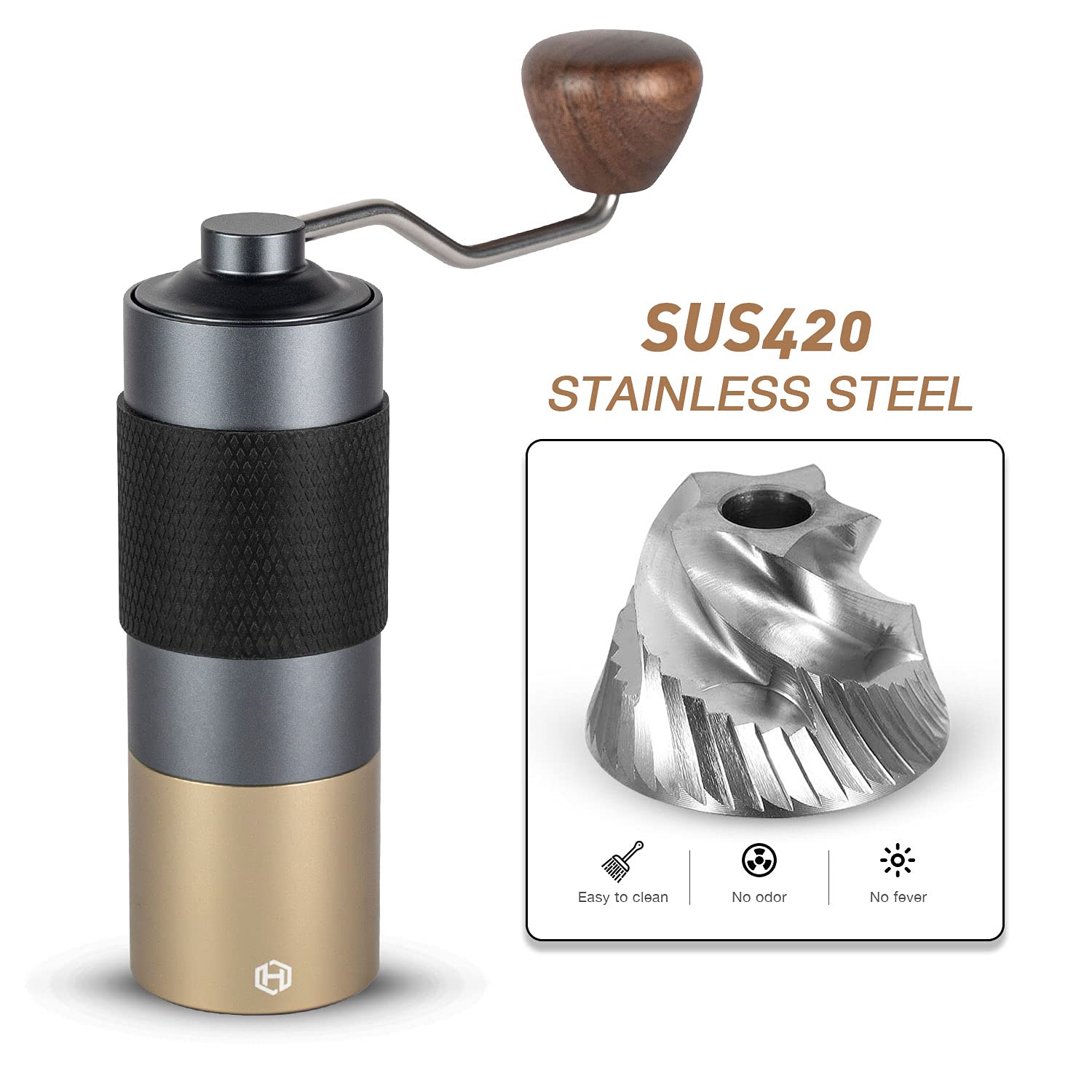 Manual Coffee Grinder - HEIHOX Hand with Adjustable Conical Stainless Steel Burr Mill, Capacity 30g Portable Mill Faster Grinding Efficiency Espresso to Coarse for Office, Home, Camping