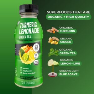 Organic Golden Tiger Turmeric Lemonade with Green Tea - Bio Active Curcumin + Green Tea + Ginger - 12 Bottles - Recover with Plant Based Power - 20 Calories