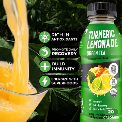 Organic Golden Tiger Turmeric Lemonade with Green Tea - Bio Active Curcumin + Green Tea + Ginger - 12 Bottles - Recover with Plant Based Power - 20 Calories