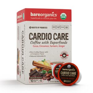bareorganics 13313 cardio care usda organic coffee pods, keurig k-cup compatible organic coffee pods, infused with superfoods & probiotics, vegan friendly, gluten free, 10 single serve cups