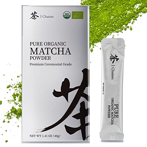 Chaism Ceremonial Grade Matcha Green Tea Powder - 20 Single Serve Packets, Premium First Harvest USDA Organic Gluten-Free Vegan, 100% Pure, 40g/1.41oz