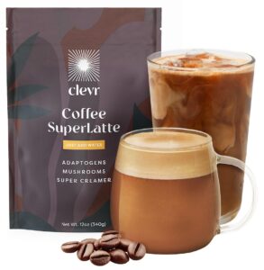 clevr blends instant coffee latte mix, oat milk latte, 100% arabica beans medium roast fair trade, superfood creamer powder, mushroom coffee superlatte lion’s mane, reishi, probiotics, ashwagandha