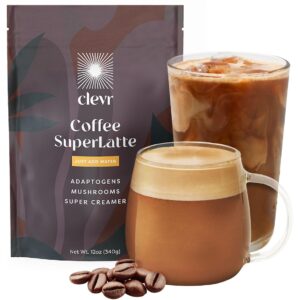 Clevr Blends Instant Coffee Latte Mix, Oat Milk Latte, 100% Arabica Beans Medium Roast Fair Trade, Superfood Creamer Powder, Mushroom Coffee SuperLatte Lion’s Mane, Reishi, Probiotics, Ashwagandha