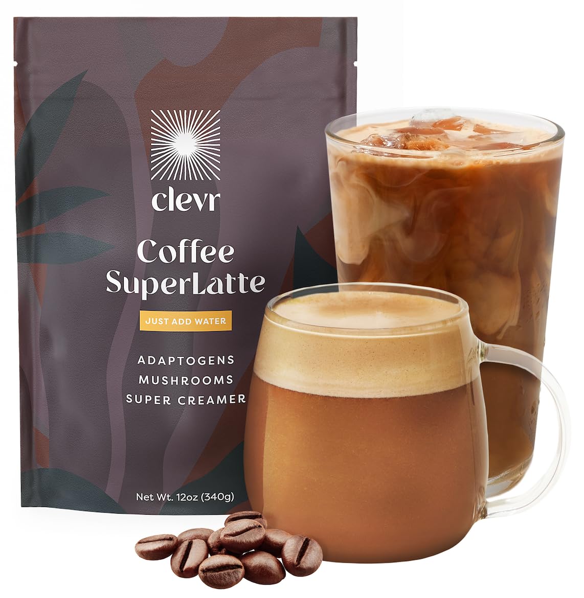 Clevr Blends Instant Coffee Latte Mix, Oat Milk Latte, 100% Arabica Beans Medium Roast Fair Trade, Superfood Creamer Powder, Mushroom Coffee SuperLatte Lion’s Mane, Reishi, Probiotics, Ashwagandha