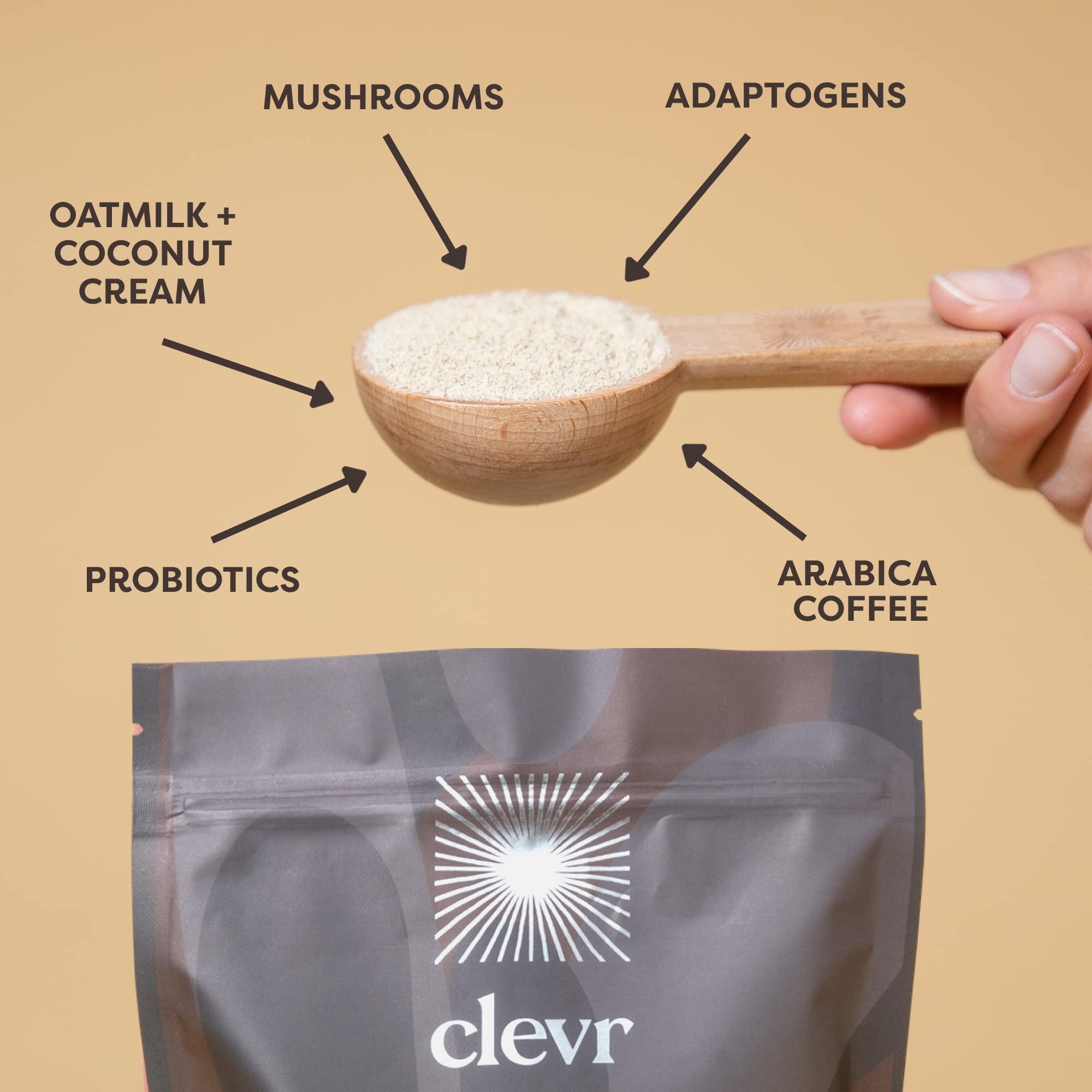 Clevr Blends Instant Coffee Latte Mix, Oat Milk Latte, 100% Arabica Beans Medium Roast Fair Trade, Superfood Creamer Powder, Mushroom Coffee SuperLatte Lion’s Mane, Reishi, Probiotics, Ashwagandha