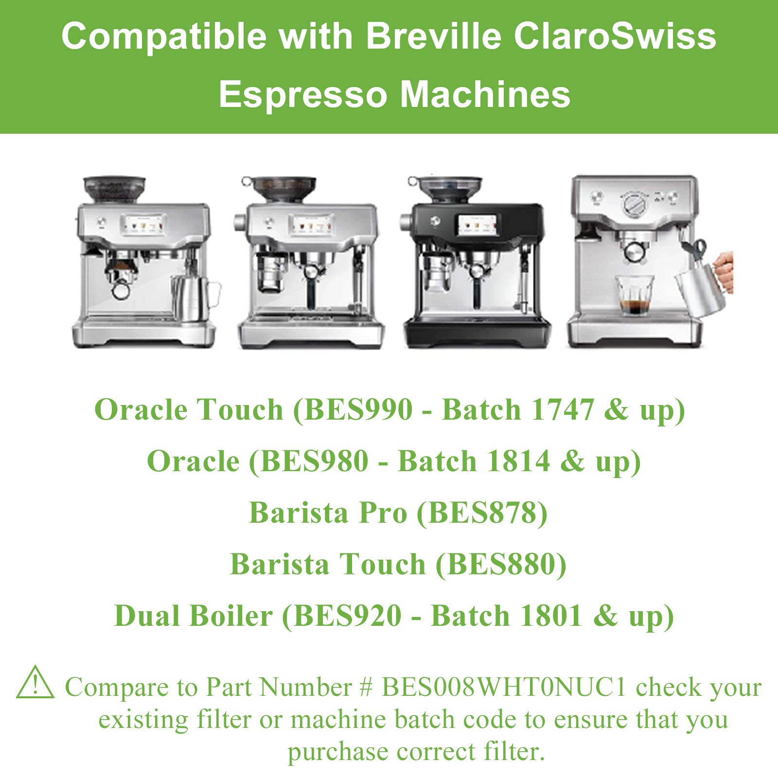 2 Pack Breville Bes880 Water Filter Replacement-Compatible with Breville Sage Oracle Touch, Barista, Claro Swiss, BES878, Bes920, Bes008 Espresso Coffee Machine,Replaces Part #BES008WHT0NUC1