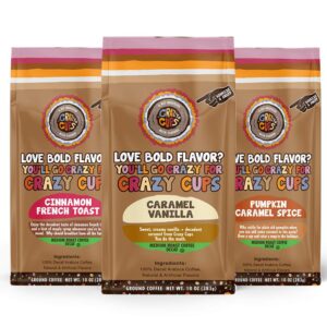 crazy cups decaf flavored ground coffee variety pack, includes cinnamon french toast, caramel vanilla, pumpkin caramel spice, in 10 oz bags, for brewing flavored hot or iced decaf coffee, variety 3 pack