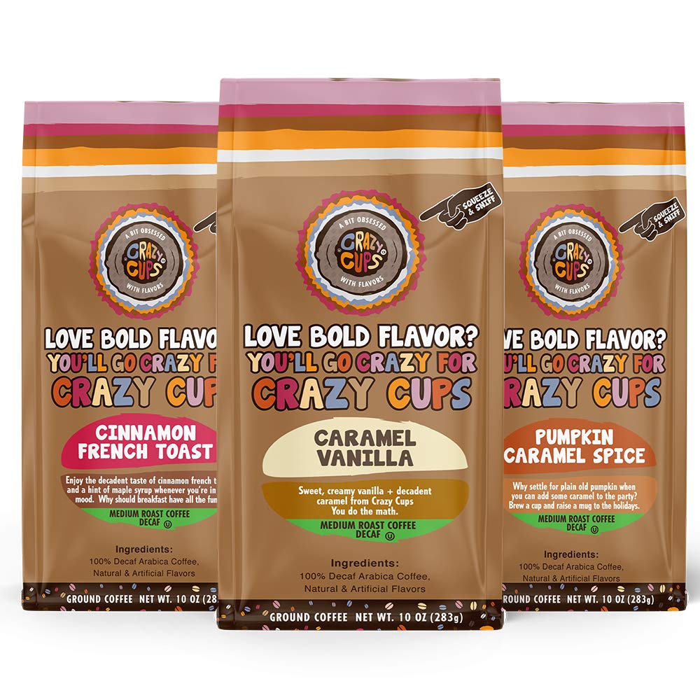 Crazy Cups Decaf Flavored Ground Coffee Variety Pack, Includes Cinnamon French Toast, Caramel Vanilla, Pumpkin Caramel Spice, in 10 oz Bags, For Brewing Flavored Hot or Iced Decaf Coffee, Variety 3 Pack