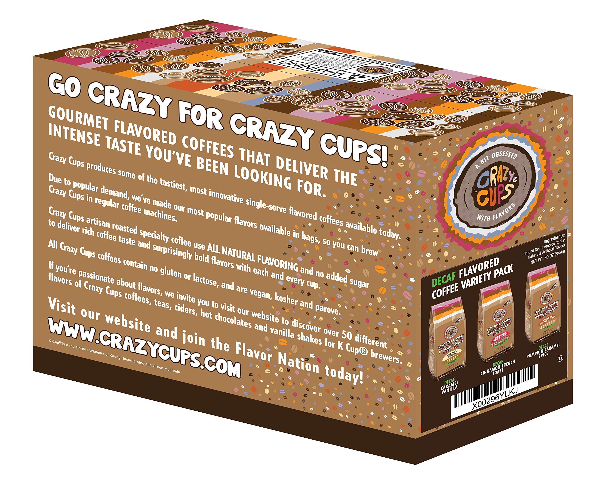 Crazy Cups Decaf Flavored Ground Coffee Variety Pack, Includes Cinnamon French Toast, Caramel Vanilla, Pumpkin Caramel Spice, in 10 oz Bags, For Brewing Flavored Hot or Iced Decaf Coffee, Variety 3 Pack