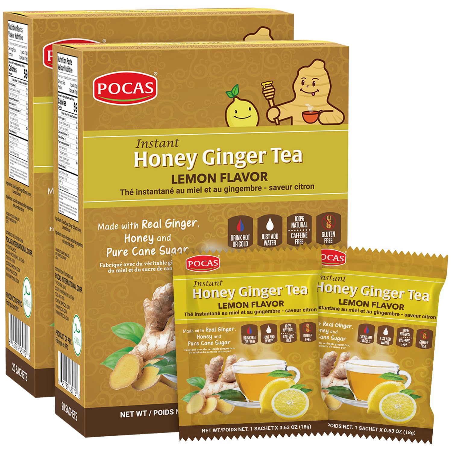 Pocas Honey Ginger Tea - Instant Tea Powder Packets with Lemon & Ginger Honey Crystals Tea, Non-GMO/Gluten Free/Caffeine Free Tea, 20 Count (Pack of 2)