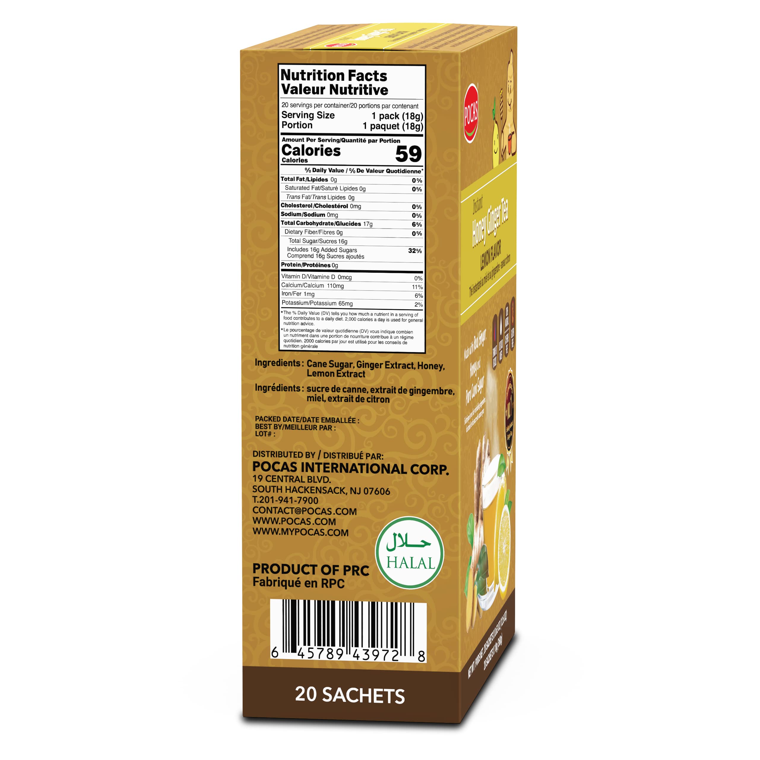 Pocas Honey Ginger Tea - Instant Tea Powder Packets with Lemon & Ginger Honey Crystals Tea, Non-GMO/Gluten Free/Caffeine Free Tea, 20 Count (Pack of 2)