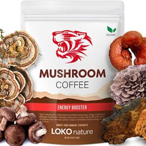 tiger mushroom coffee organic blend 3.5 oz - 100% arabica coffee with 5 superfood mushrooms includes reishi, chaga, maitake, shiitake, turkey tail