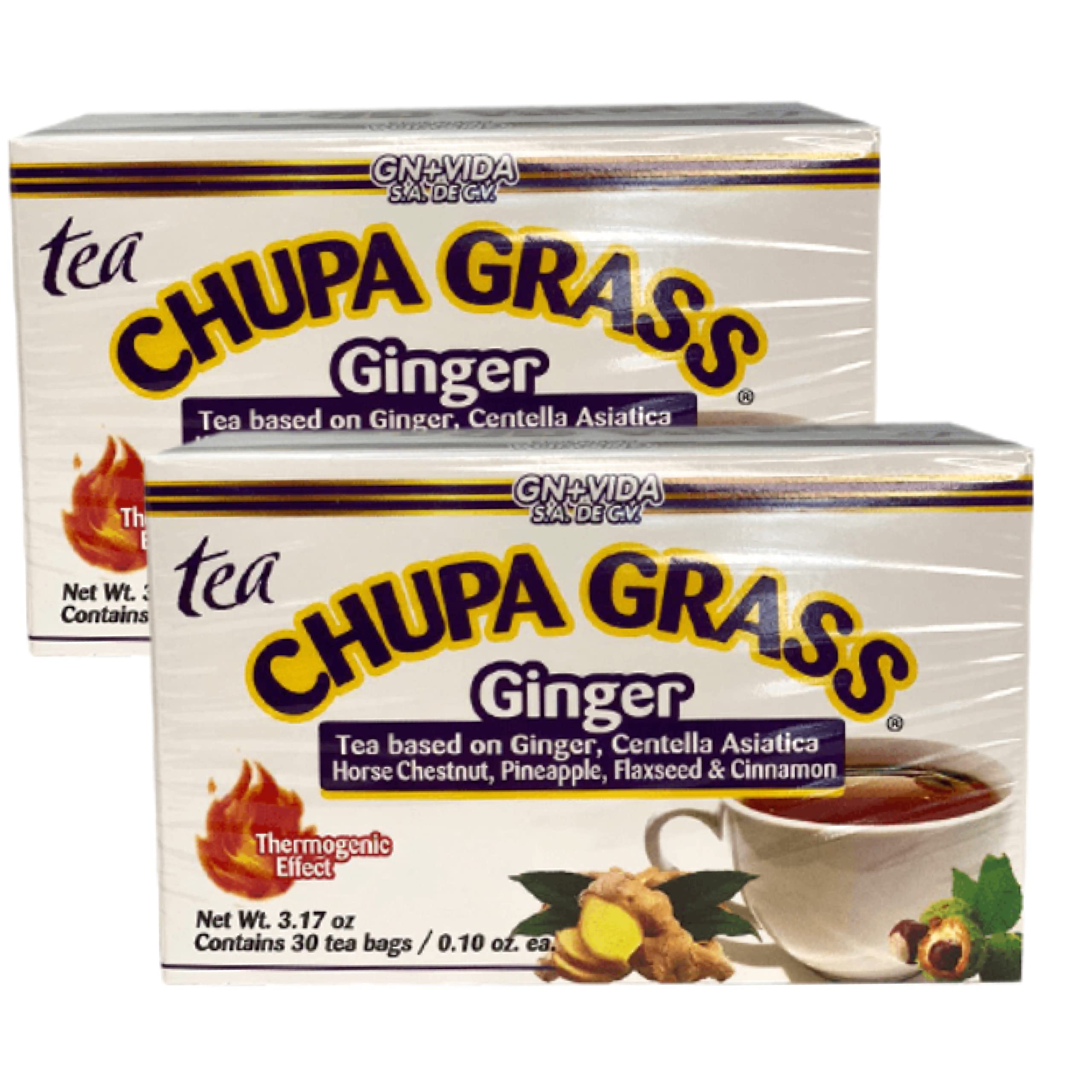 2 BOXES Improved Formula Tea CHUPA GRASS - Tea Based Ginger, Gotu Kola & Cinammon & Te Panza Jengibre (30 Tea Bags/0.10 oz Each x 2)