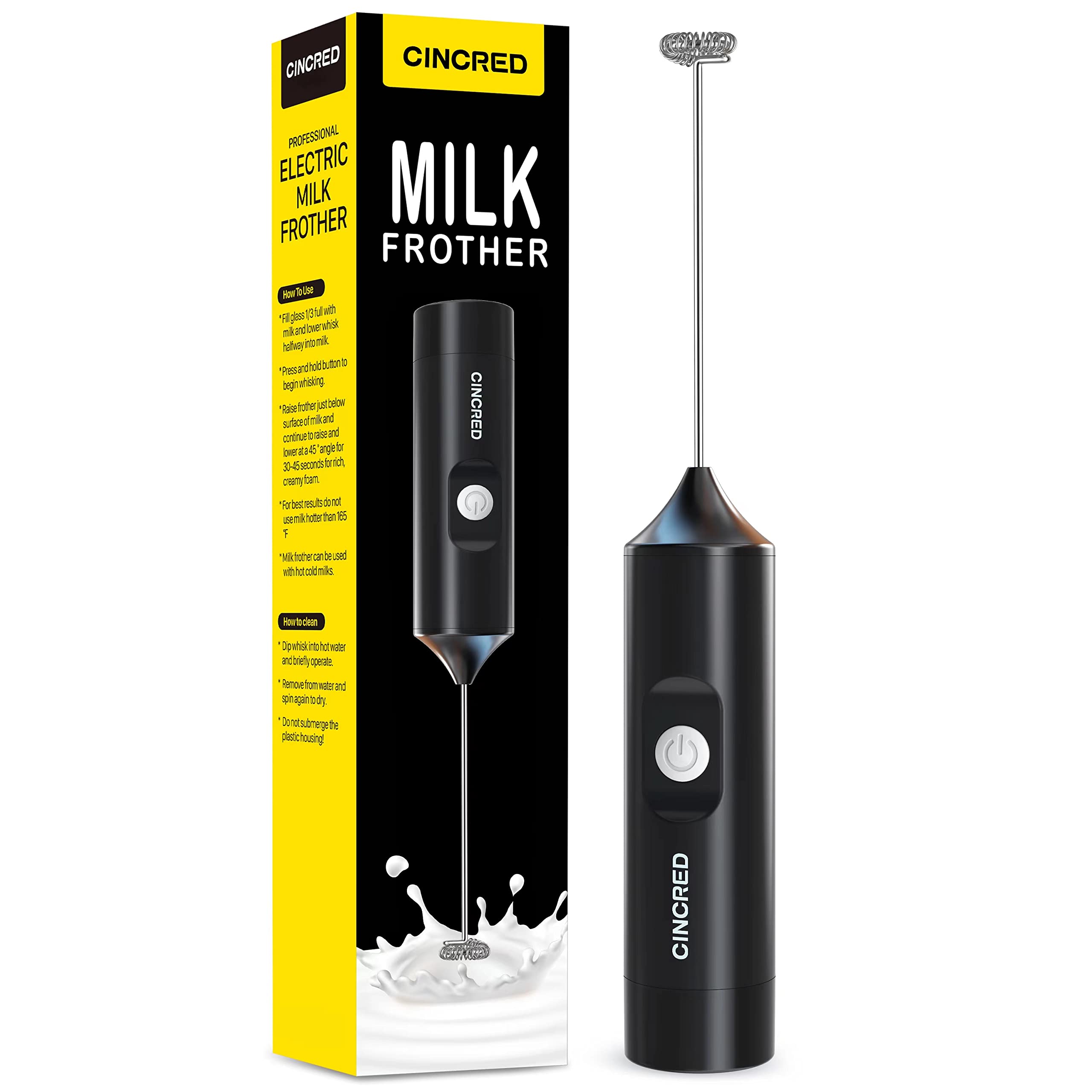 Cincred Milk Frother Handheld, Battery Operated Electric Frother for Coffee, Mini Whisk, Foam Maker and Drink Mixer for Latte, Cappuccino, Frappe, and Hot Chocolate (Black)