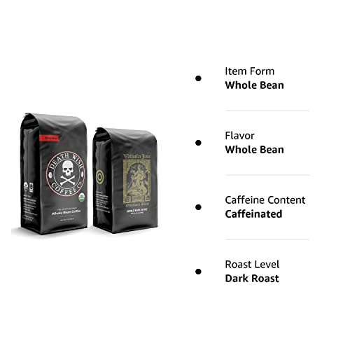 Death Wish Coffee Co. Whole Beans - Extra Kick of Caffeine - 1 lb & Valhalla Java Odinforce Blend 12 oz - Whole Bean Coffee Bundle/Bulk - USDA Certified Organic - Fair Trade - Arabica & Robusta Beans