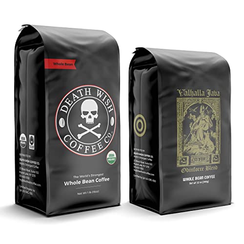 Death Wish Coffee Co. Whole Beans - Extra Kick of Caffeine - 1 lb & Valhalla Java Odinforce Blend 12 oz - Whole Bean Coffee Bundle/Bulk - USDA Certified Organic - Fair Trade - Arabica & Robusta Beans