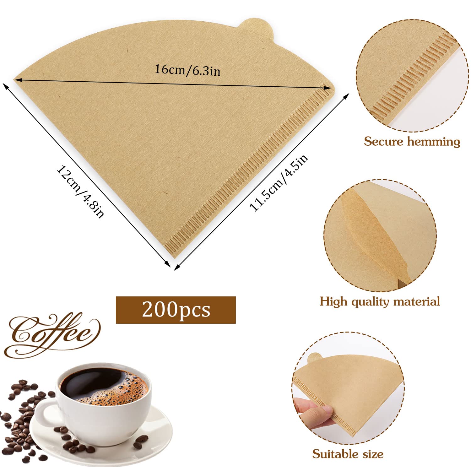 200 Count Coffee Filter, 02 Natural Unbleached Cone Coffee Filters Disposable Compatible with Pour Over Coffee Filter (2-4 Cups)