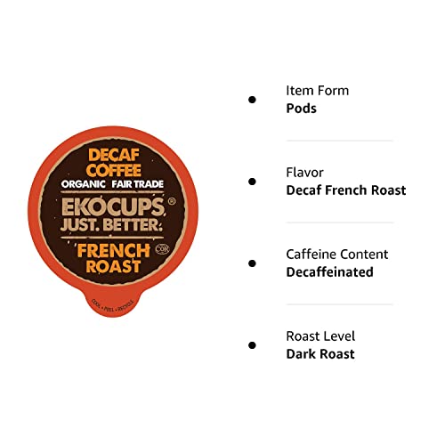 EKOCUPS Organic Swiss Water Decaf French Roast Coffee Pods, Extra 30% More Coffee Per Cup, Artisan Fair Trade Dark Roast, Decaf French Roast Coffee for Keurig K Cup Machines, Recyclable Pods, 40 Count