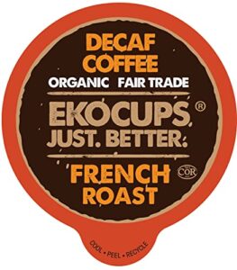 ekocups organic swiss water decaf french roast coffee pods, extra 30% more coffee per cup, artisan fair trade dark roast, decaf french roast coffee for keurig k cup machines, recyclable pods, 40 count